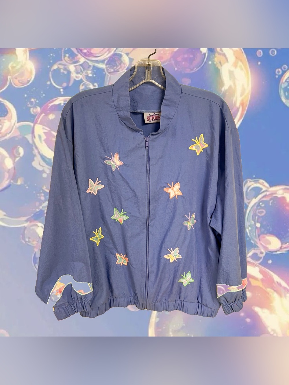 Vintage Southern Stitches and More periwinkle patchwork butterfly windbreaker